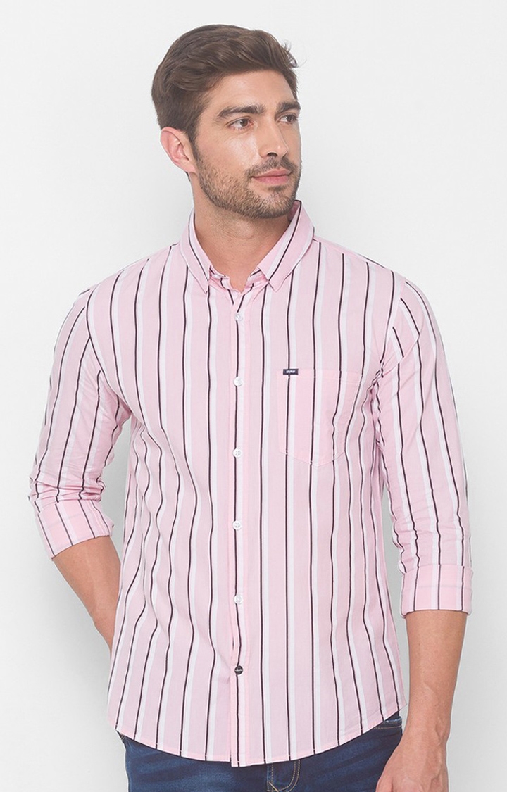 spykar | Men's Pink Cotton Striped Casual Shirts 0
