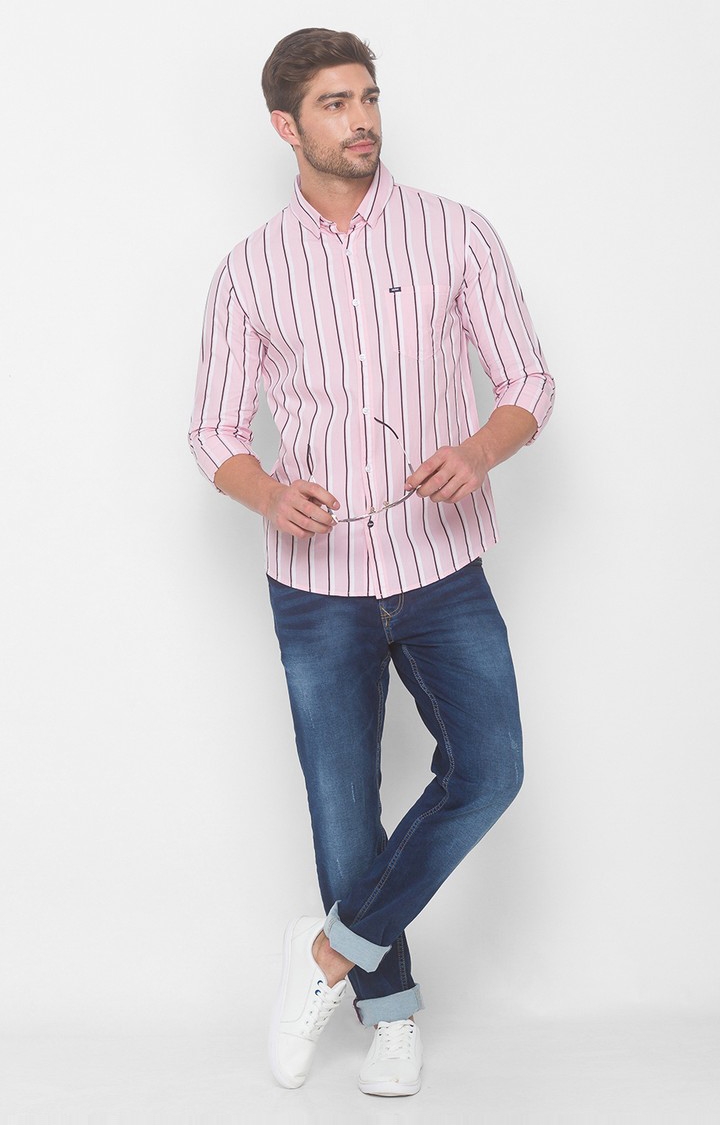 spykar | Men's Pink Cotton Striped Casual Shirts 1