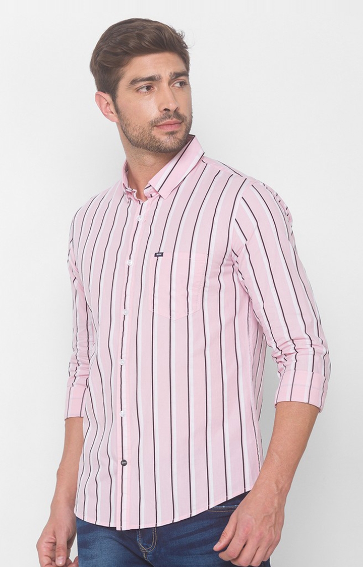 spykar | Men's Pink Cotton Striped Casual Shirts 2
