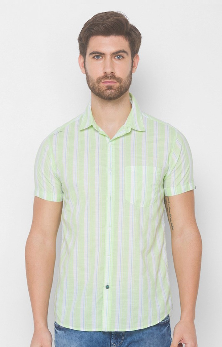 Men's Green Cotton Striped Casual Shirts