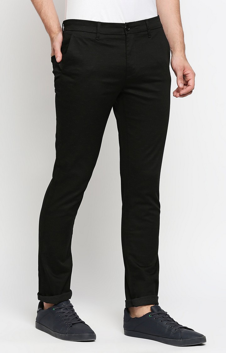 Men's Black Cotton Solid Trousers