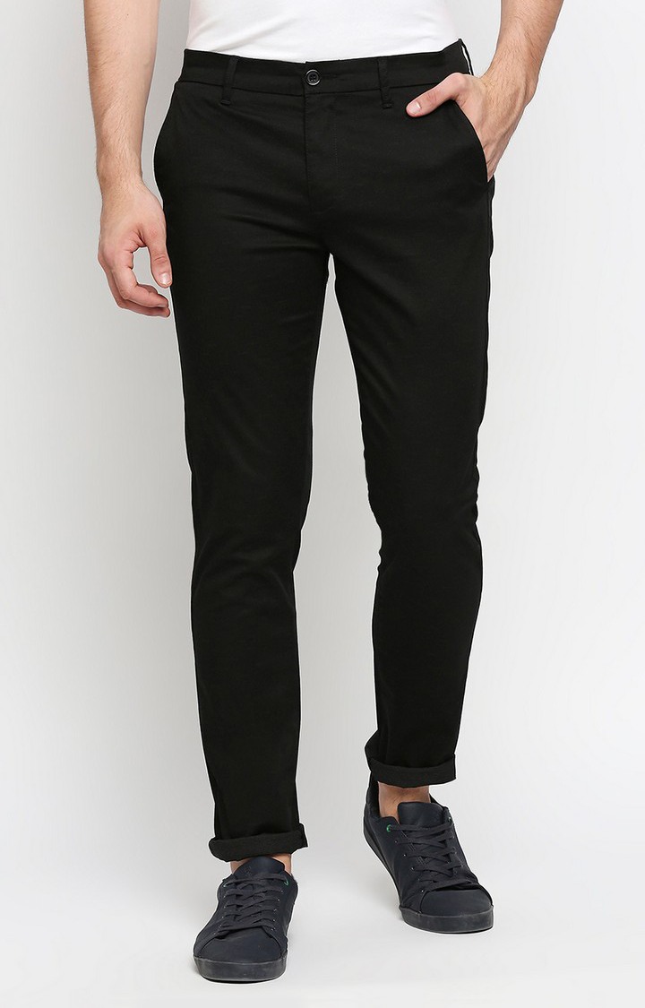 Men's Black Cotton Solid Trousers