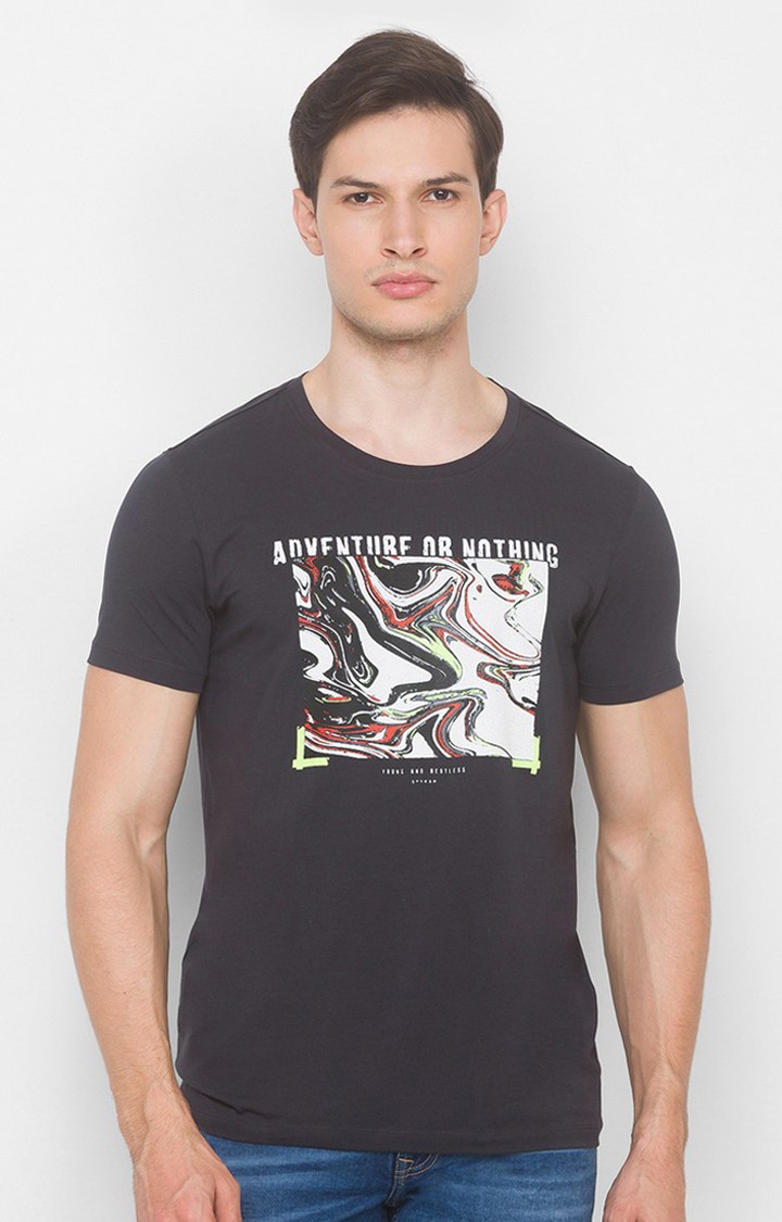 Spykar Slate Grey Blended T-Shirts (Slim)