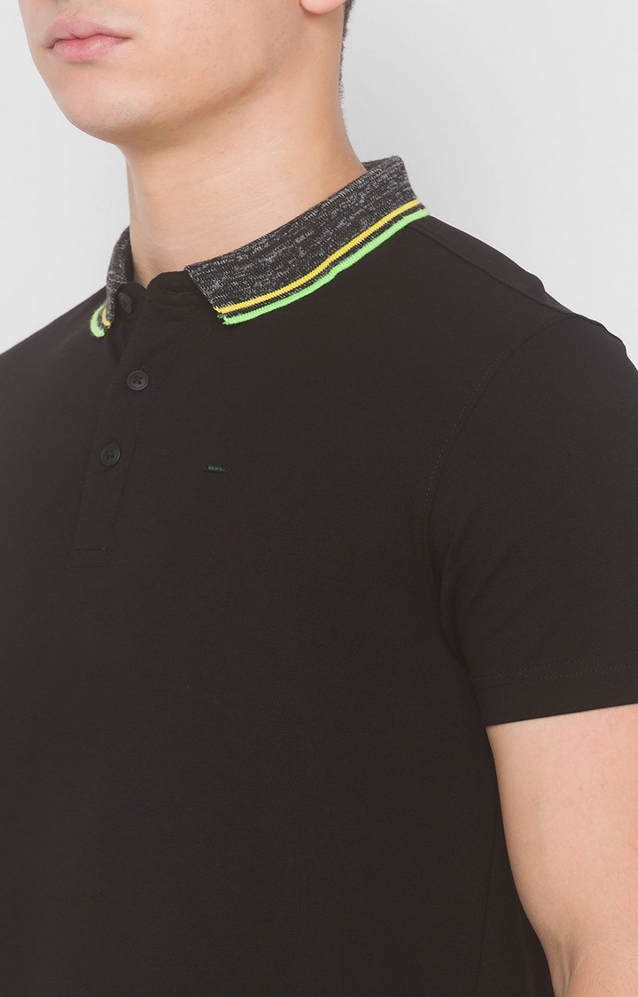 spykar | Spykar Black Cotton Slim Fit polos T-Shirt For Men 4