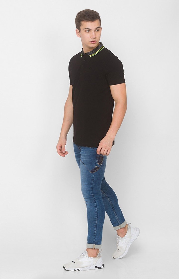 spykar | Spykar Black Cotton Slim Fit polos T-Shirt For Men 1