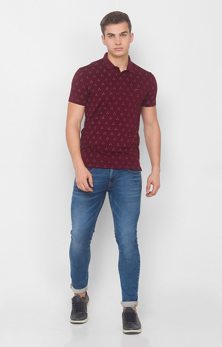 Spykar Red Cotton Slim Fit Polo T-Shirt For Men