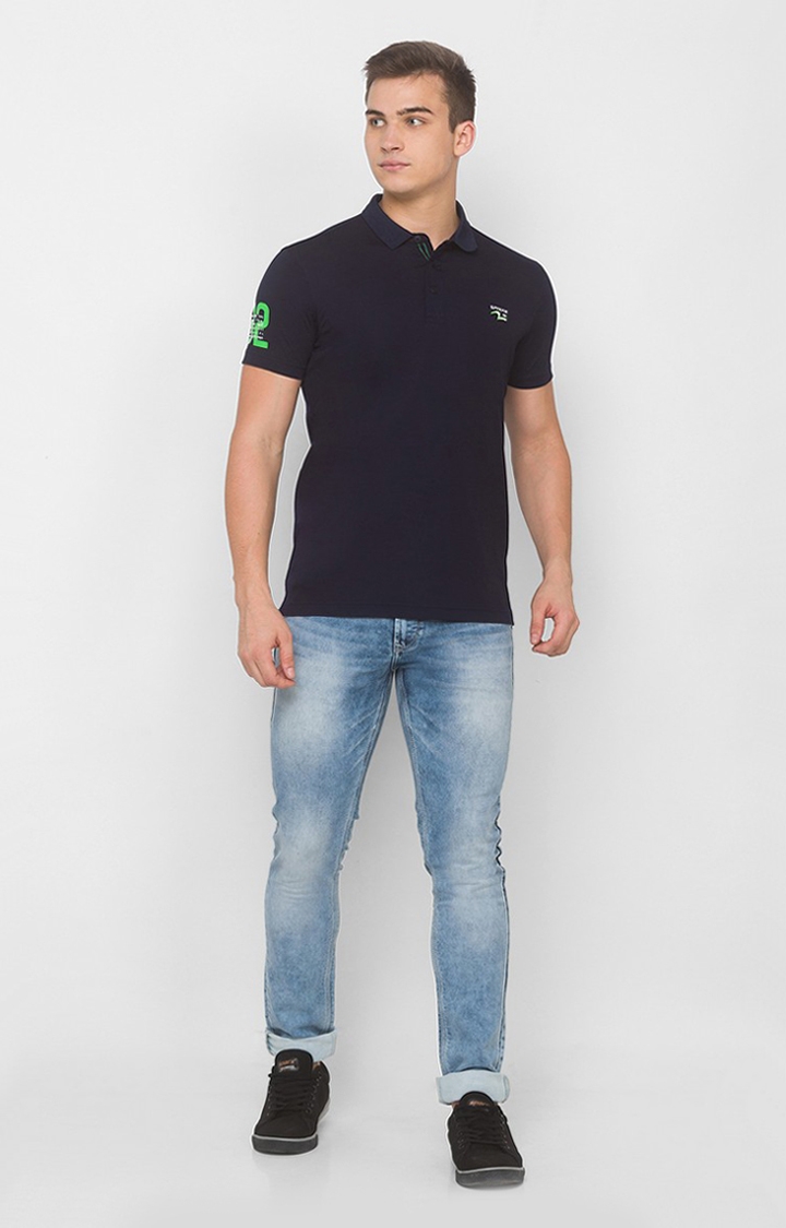 spykar | Spykar Navy Blue Blended Polo T-Shirts (Slim) 1