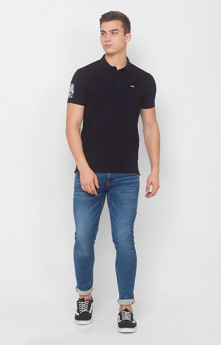 Spykar Blue Cotton Slim Fit Polo T-Shirt For Men