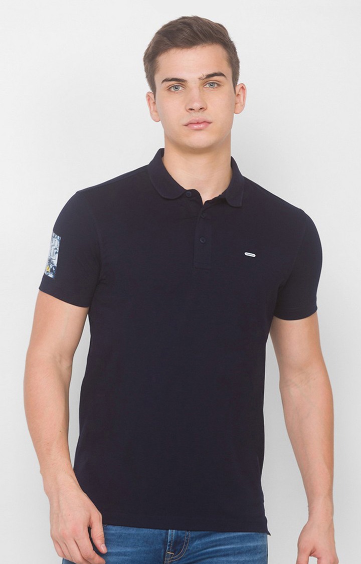 Spykar Blue Cotton Slim Fit Polo T-Shirt For Men