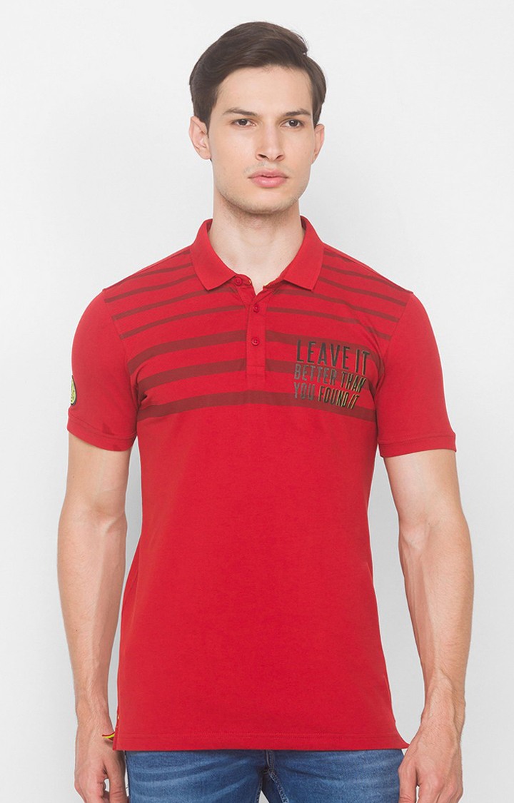 Spykar Orange Cotton Slim Fit Polo T-Shirt For Men
