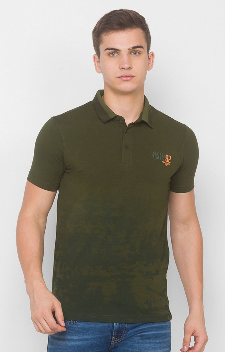 Spykar Green Cotton Slim Fit Polo T-Shirt For Men