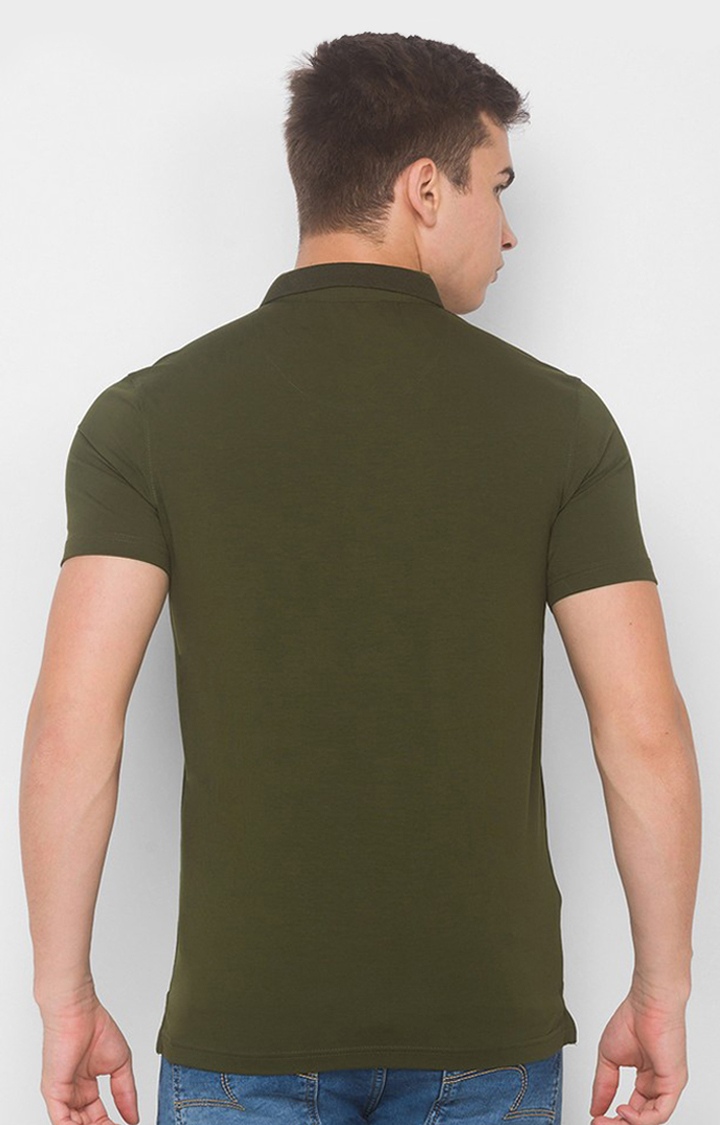 Spykar Green Cotton Slim Fit Polo T-Shirt For Men