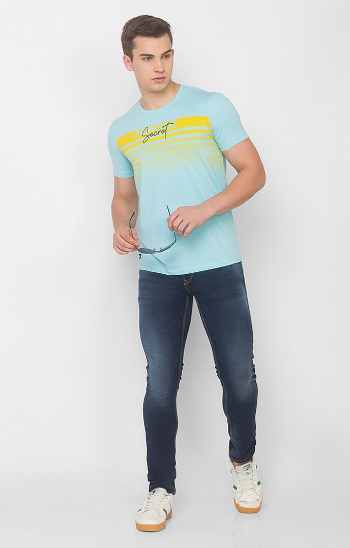 Spykar Blue Cotton Slim Fit T-Shirt For Men
