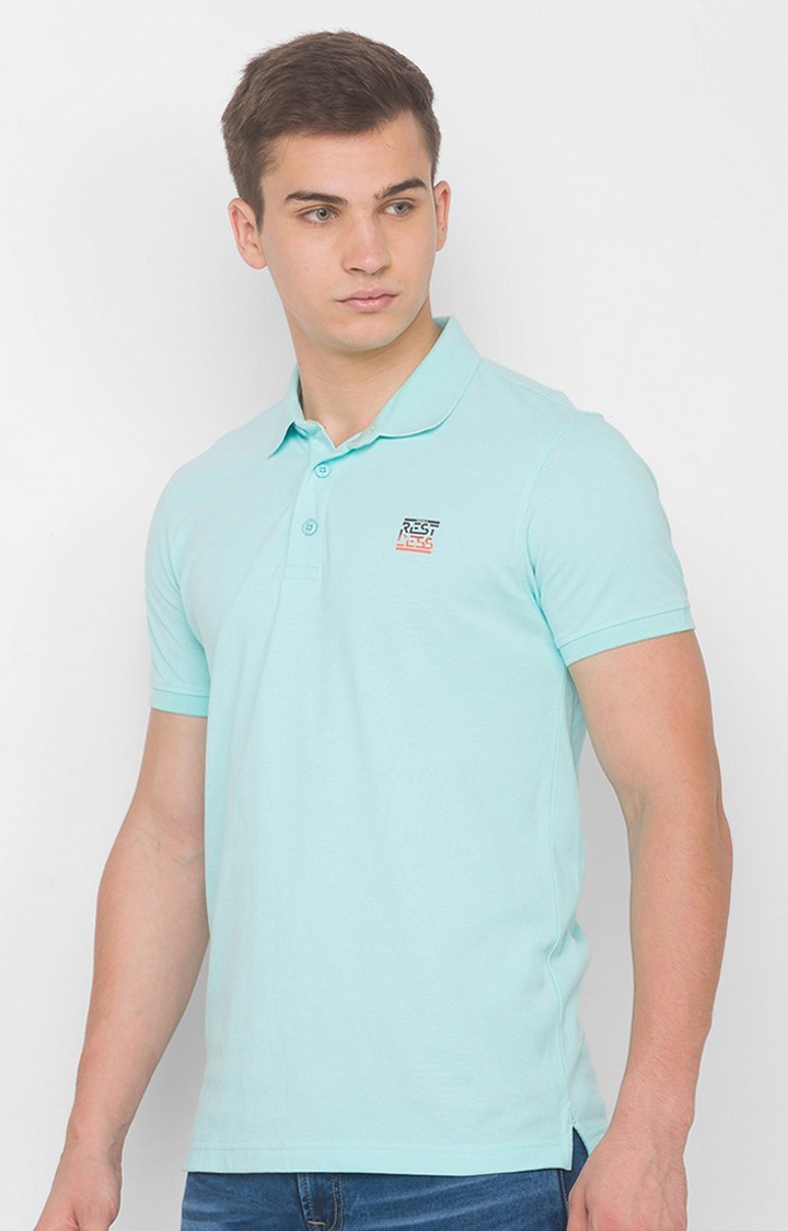 spykar | Spykar Bleached Aqua Cotton Polo T-Shirts (Slim) 2