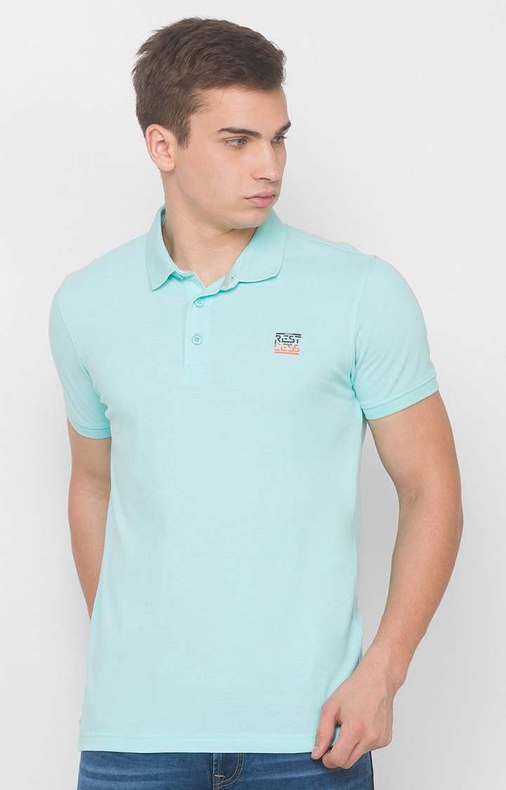 spykar | Spykar Bleached Aqua Cotton Polo T-Shirts (Slim) 0