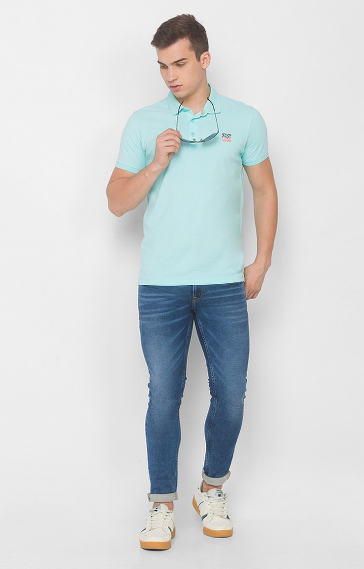 spykar | Spykar Bleached Aqua Cotton Polo T-Shirts (Slim) 1