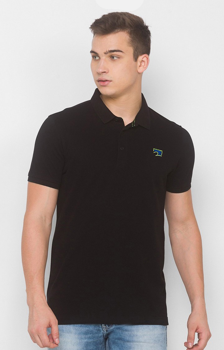 Spykar Black Cotton Slim Fit Polos T-Shirt For Men