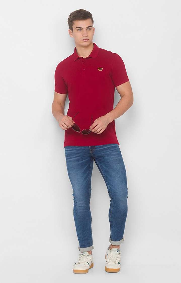 spykar | Spykar Red Cotton Slim Fit Polo T-Shirt For Men 1
