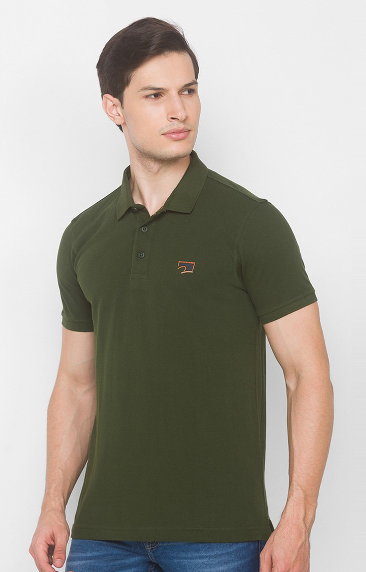Spykar Green Cotton Slim Fit T-Shirt For Men