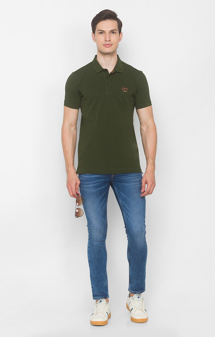 Spykar Green Cotton Slim Fit T-Shirt For Men
