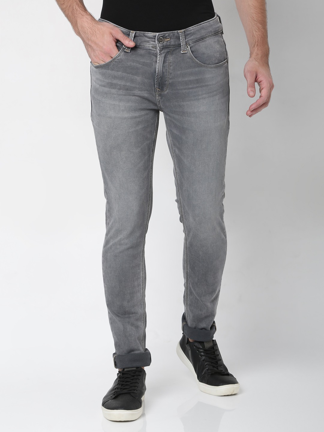 Men's Grey Cotton Solid Slim Jeans