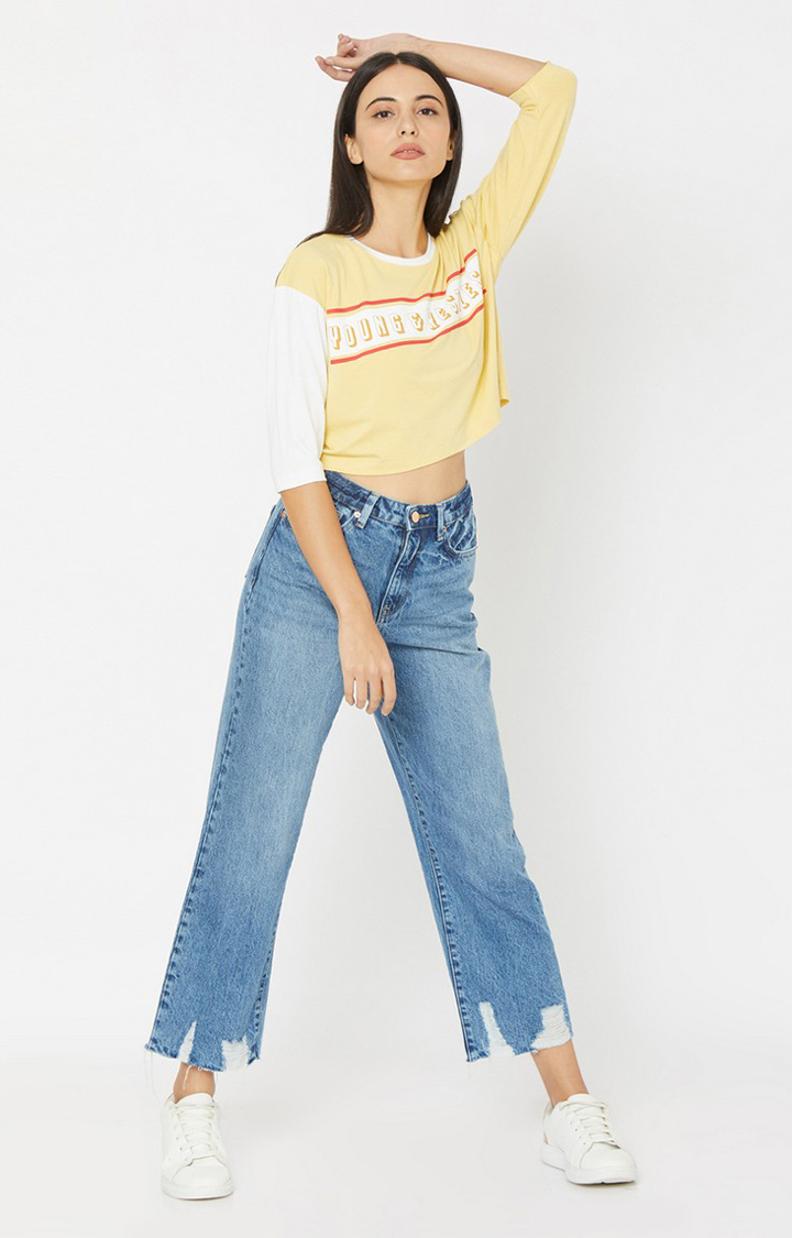 Spykar Yellow Cotton T-Shirts (Crop)