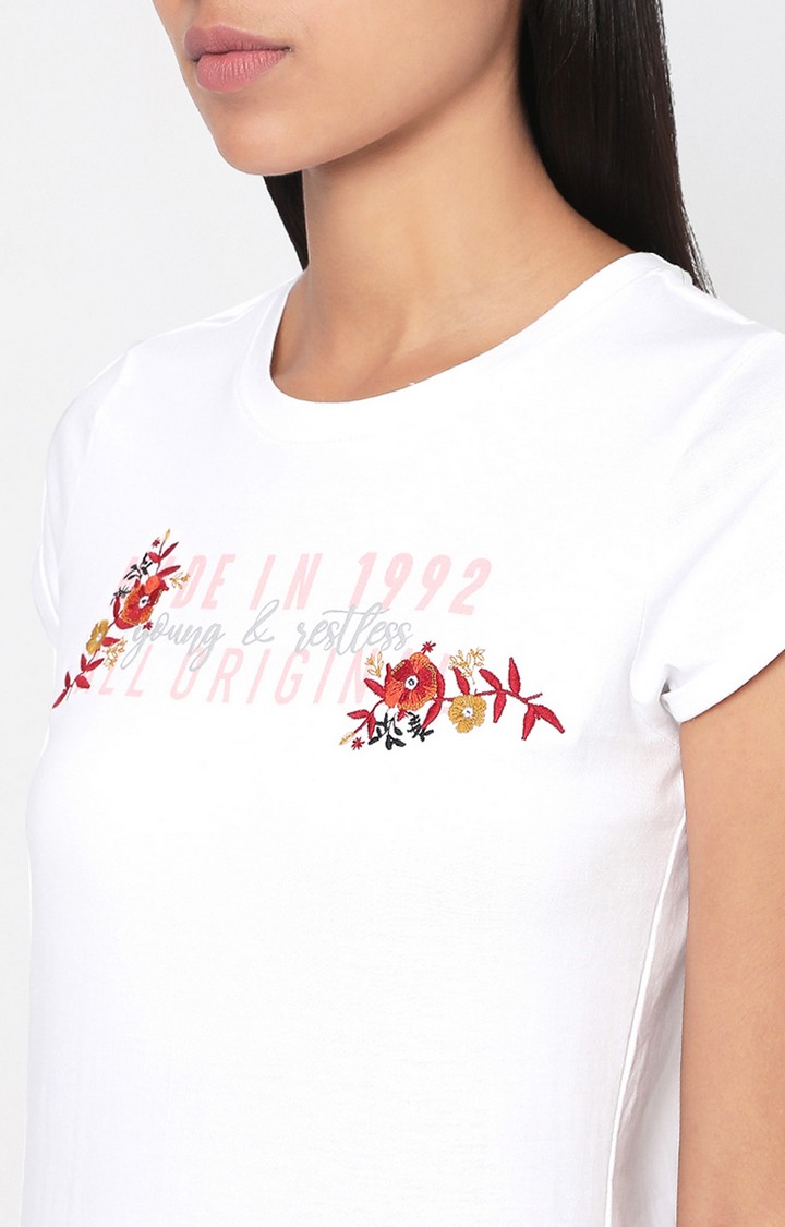 Spykar White Cotton Slim Fit T-Shirt For Women