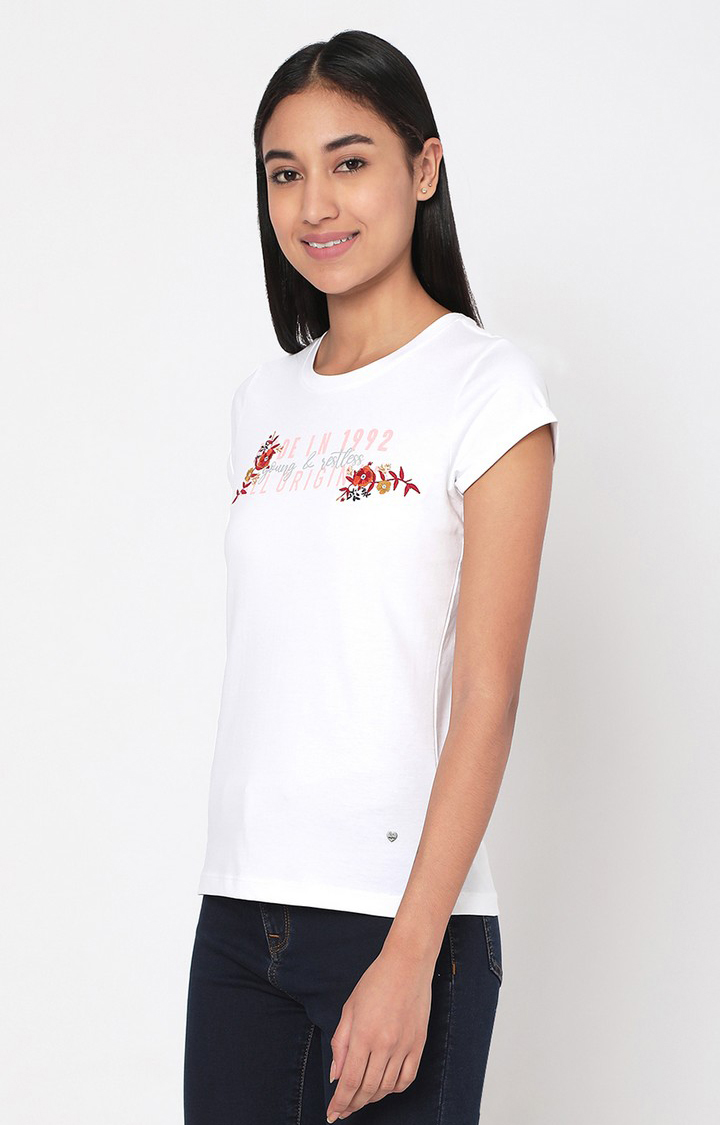 Spykar White Cotton Slim Fit T-Shirt For Women