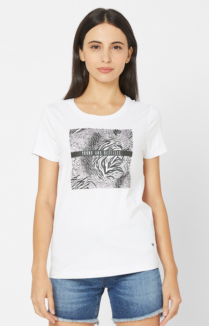 Spykar White Cotton Regular Fit T-Shirt For Women
