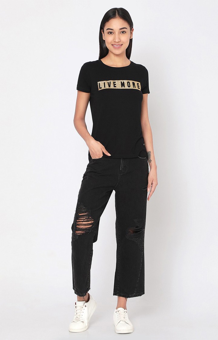 Spykar Black Cotton Regular Fit T-Shirt For Women