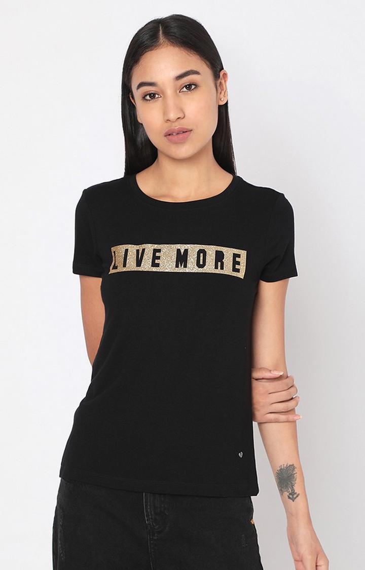 Spykar Black Cotton Regular Fit T-Shirt For Women