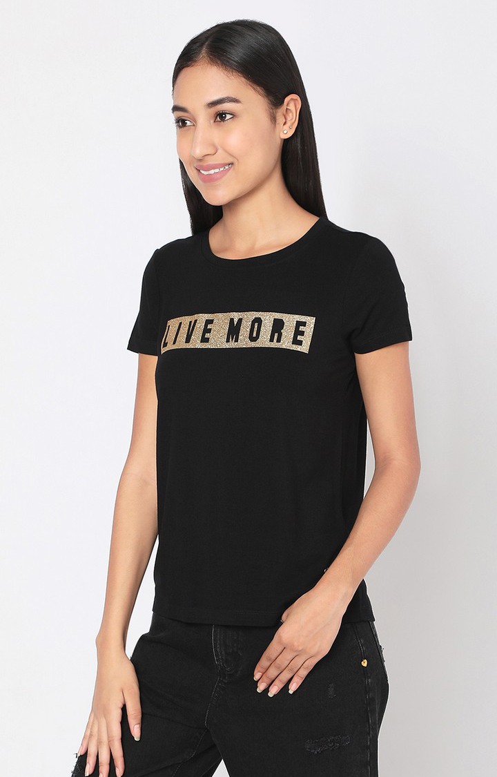 Spykar Black Cotton Regular Fit T-Shirt For Women