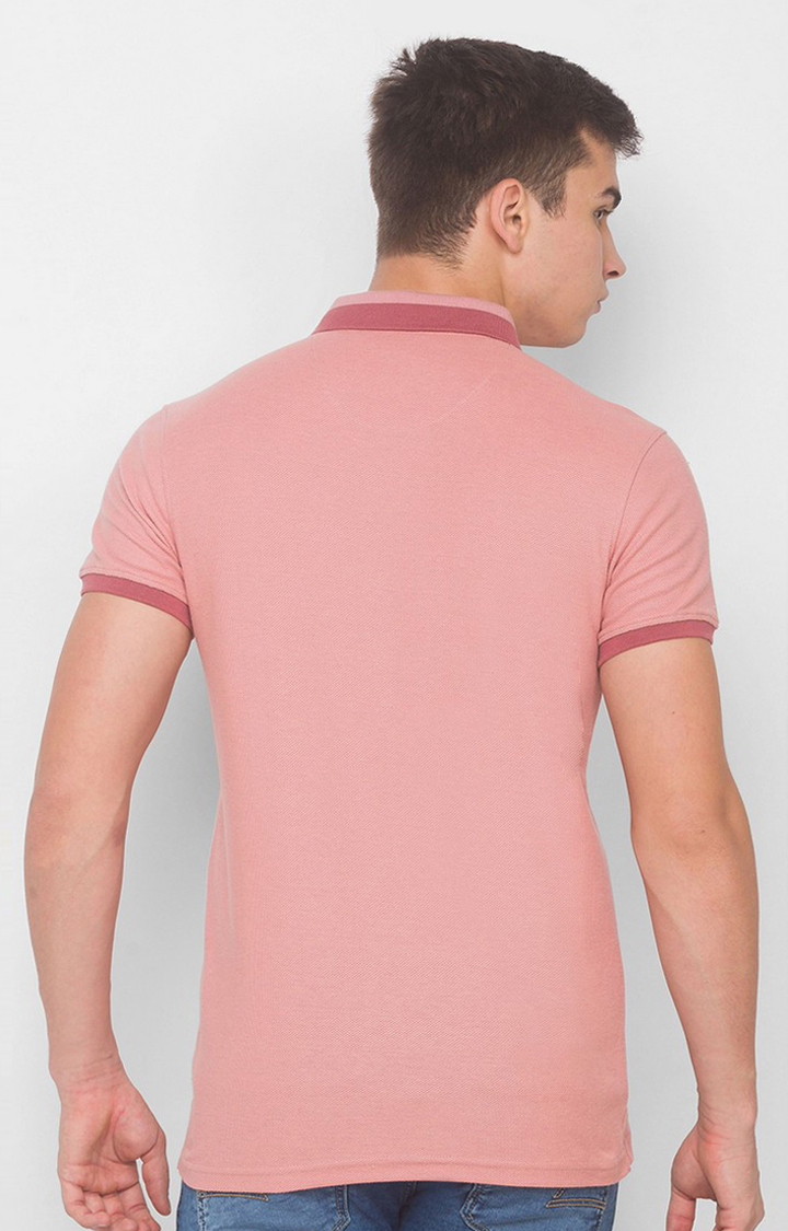 Spykar Pink Cotton Slim Fit Polo T-Shirt For Men