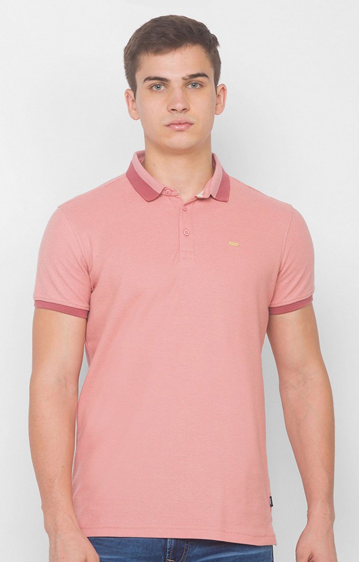 Spykar Pink Cotton Slim Fit Polo T-Shirt For Men