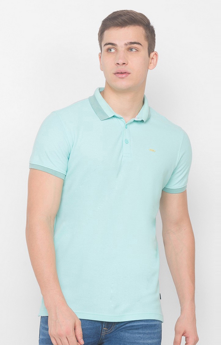 spykar | Spykar Bleached Aqua Blended Polo T-Shirts (Slim) 0