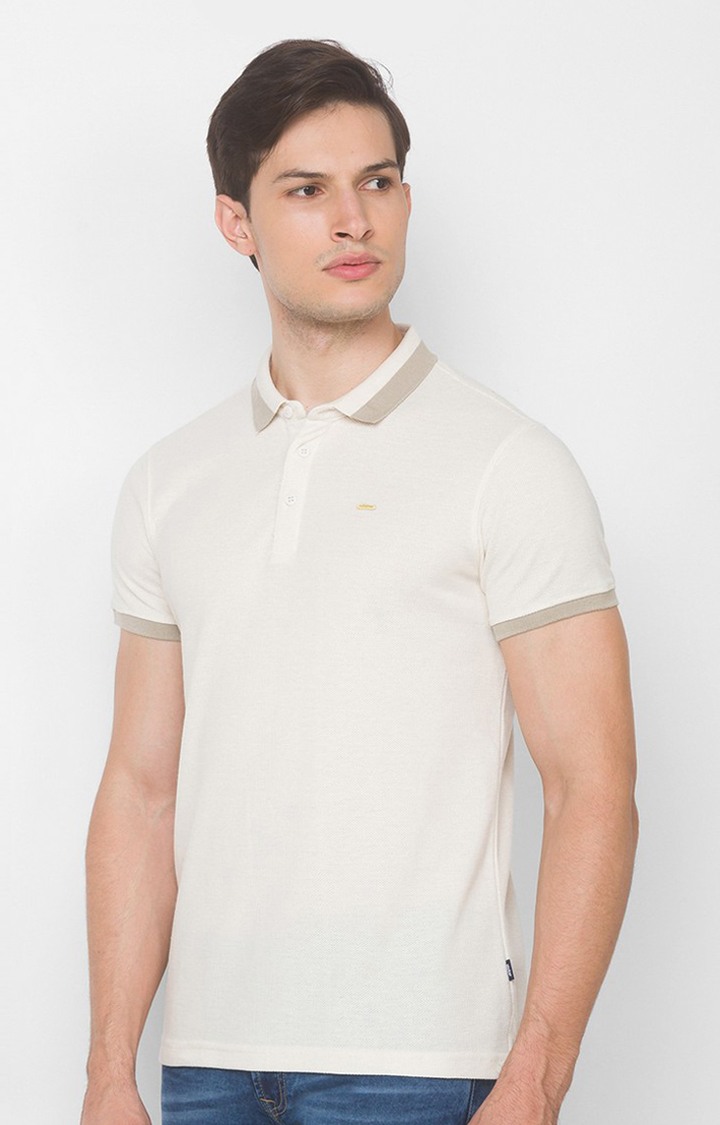 Spykar White Cotton Slim Fit Polos T-Shirt For Men
