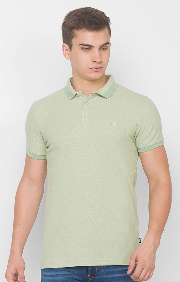 Spykar Green Cotton Slim Fit Polo T-Shirt For Men
