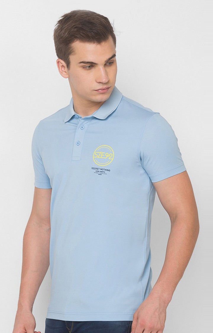 Spykar Powder Blue Blended Polo T-Shirts (Slim)