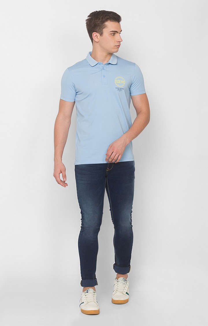 Spykar Powder Blue Blended Polo T-Shirts (Slim)