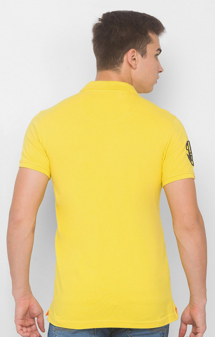 Spykar Yellow Cotton Slim Fit Polo T-Shirt For Men