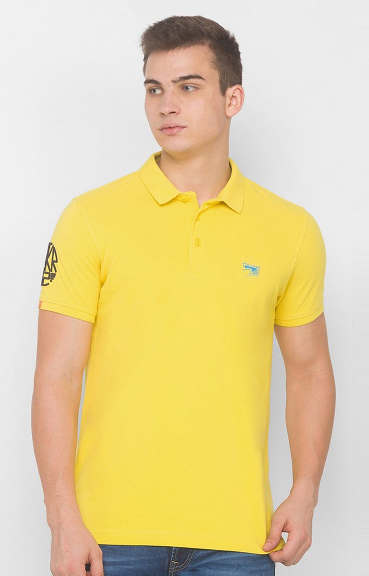 Spykar Yellow Cotton Slim Fit Polo T-Shirt For Men
