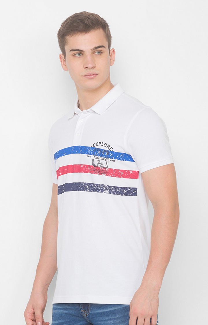Spykar White Cotton Slim Fit Polo T-Shirt For Men