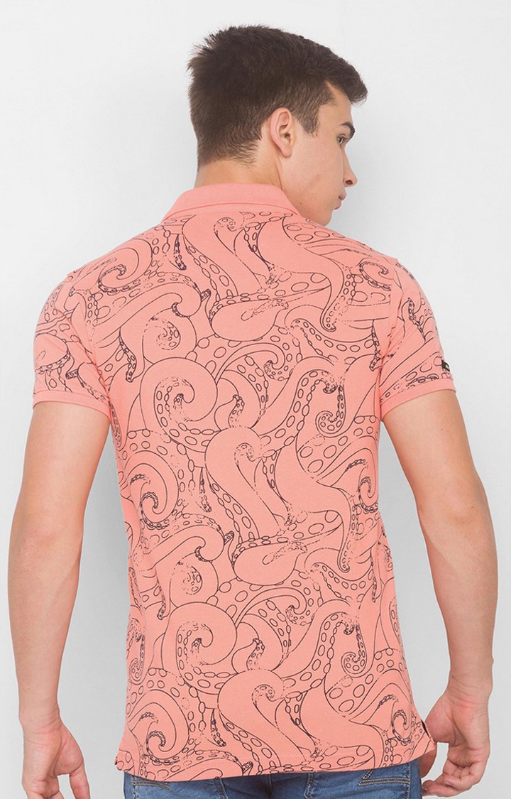 Spykar Peach Cotton Polo T-Shirts