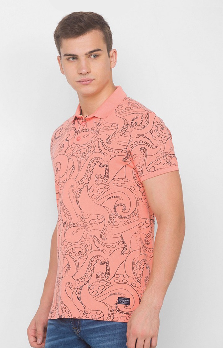 Spykar Peach Cotton Polo T-Shirts