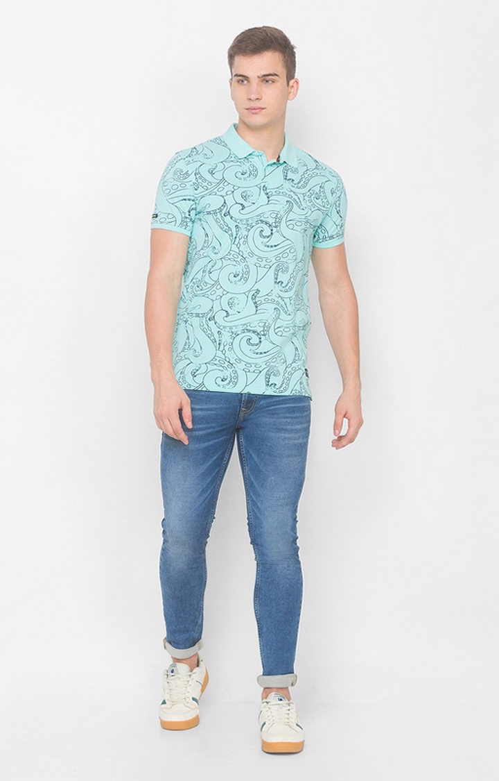 spykar | Spykar Bleached Aqua Cotton Polo T-Shirts (Slim) 1