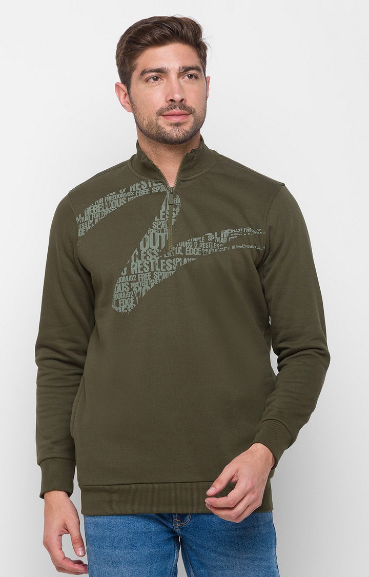 Spykar Green Cotton Regular Fit Sweatshirt For Men