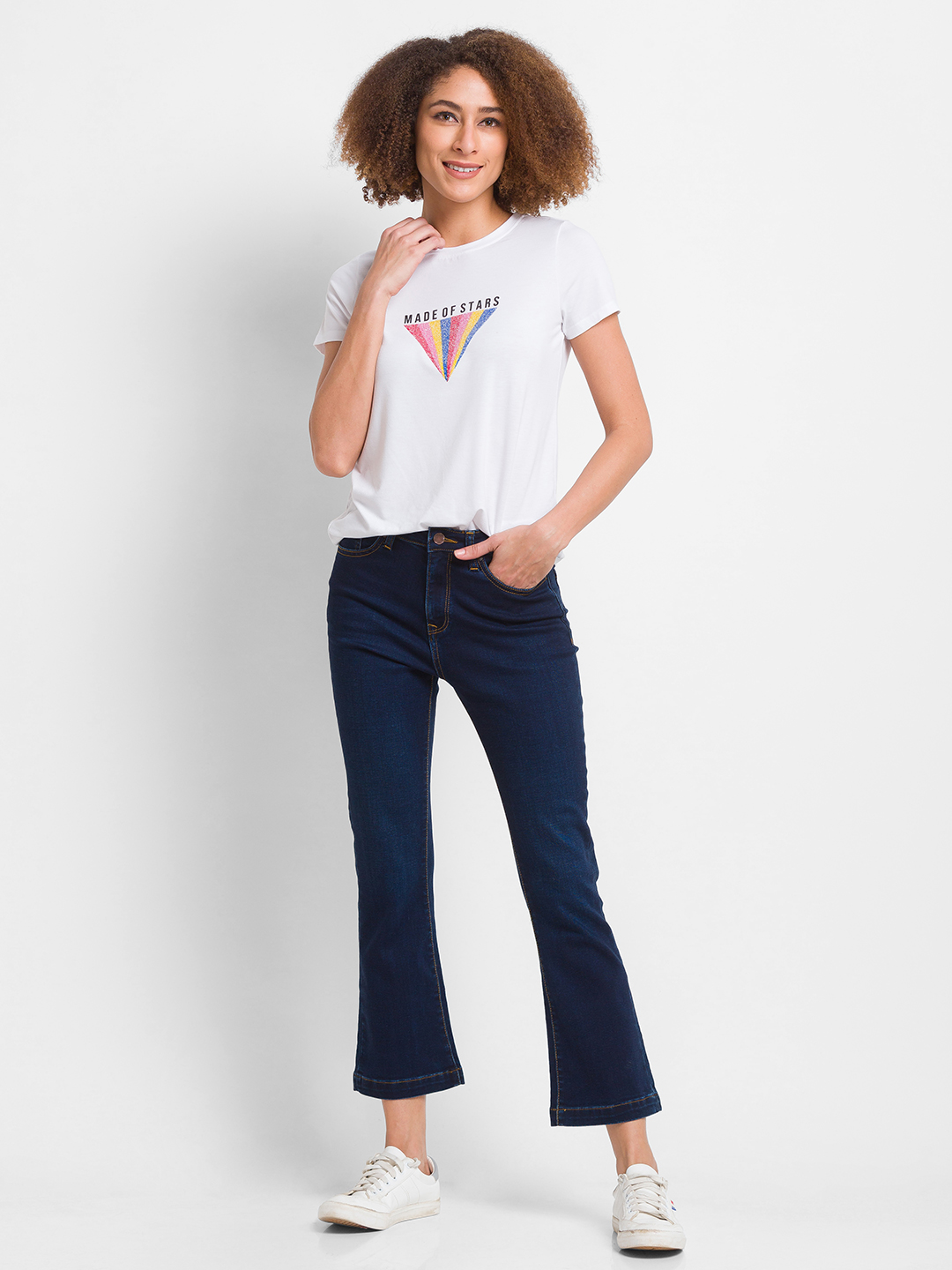Women's Blue Lycra Solid Flared Jeans