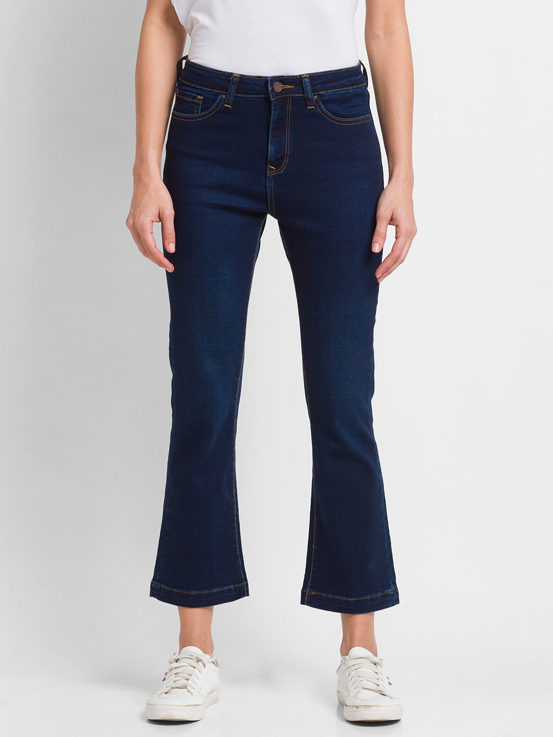 Women's Blue Lycra Solid Flared Jeans