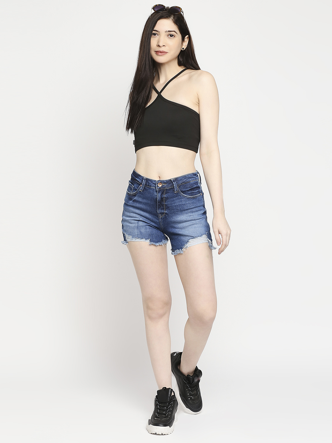 Women's Blue Cotton Solid Shorts