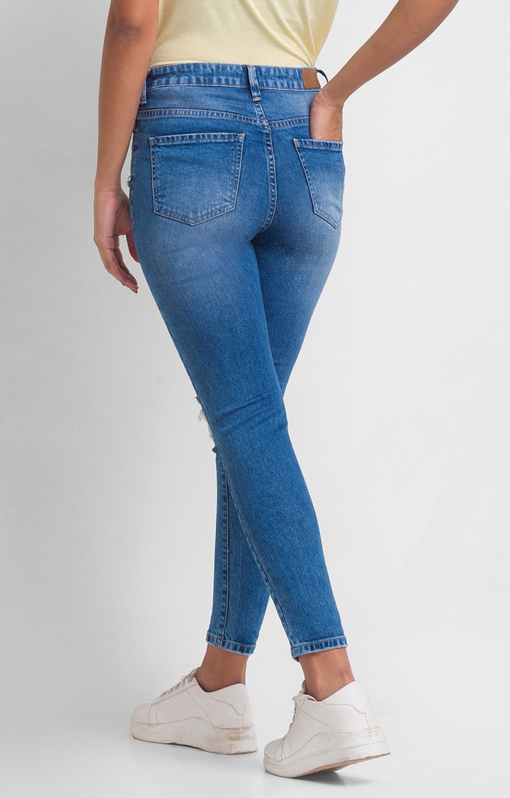 spykar | Women's Blue Cotton Solid Ripped Jeans 4